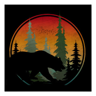 Póster Oso del bosque de la naturaleza del atardecer