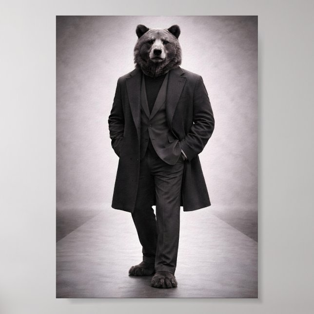 Póster Oso elegante en retrato de traje oscuro clásico (Frente)