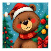 Oso en Santa Hat entre los árboles de Navidad