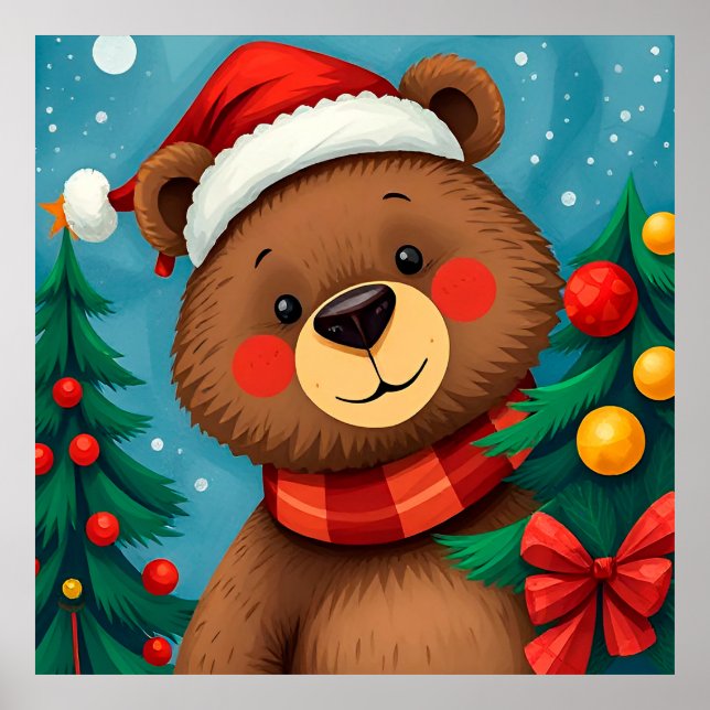 Póster Oso en Santa Hat entre los árboles de Navidad (Frente)
