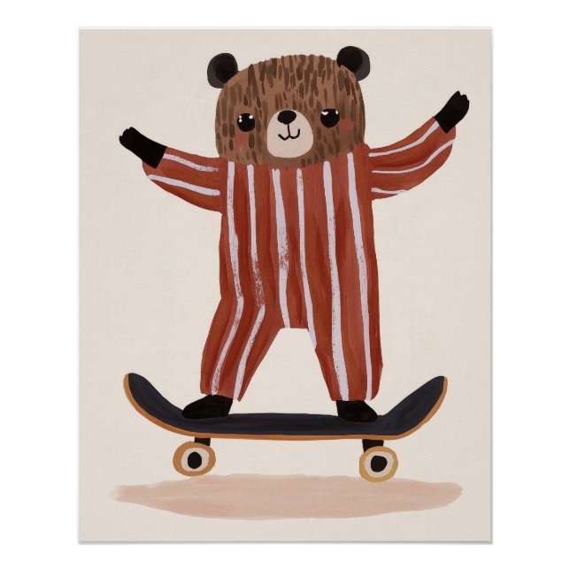 Póster Oso en Skateboard, arte en la pared infantil, sala (Anverso)