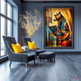 Póster Oso encantador: lector cubista en profunda reflexi