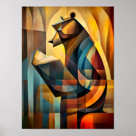 Póster Oso encantador: lector cubista en profunda reflexi