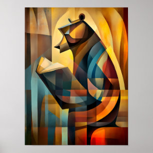 Póster Oso encantador: lector cubista en profunda reflexi