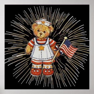 Póster Oso enfermera vintage con fuegos artificiales blan
