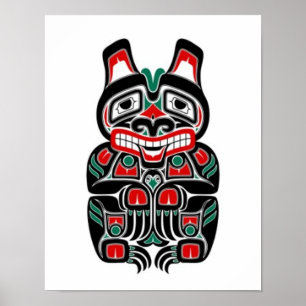 Póster Oso espiritual rojo y verde de Haida