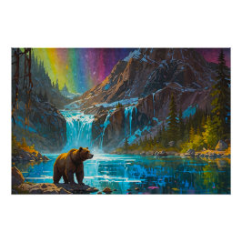 Póster Oso Grizzly y arte de las luces del norte