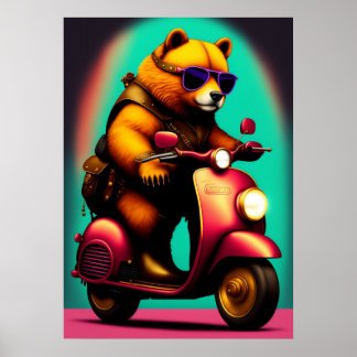 Póster Oso Guay montando un patinete rosa