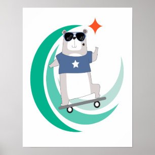 Póster Oso Hipster montando una patineta