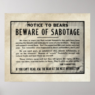 Póster Oso humorístico de Yellowstone Park Notice 1959