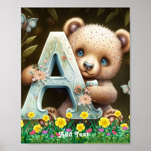 Póster Oso Infantil Brillante Cuyo Alfabeto A (Frente)
