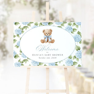 Póster Oso, Lazo Azul, Flores Azules, Bienvenida a Baby S