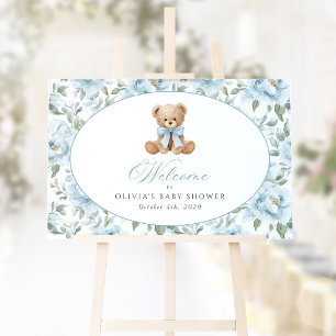 Póster Oso, Lazo Azul, Flores Azules, Bienvenida en Baby