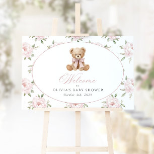 Póster Oso, Lazo Rosa, Flores Rosas, Bienvenida a Baby Sh