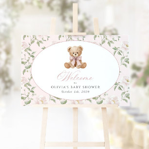 Póster Oso, Lazo Rosa, Flores Rosas, Bienvenida a Baby Sh