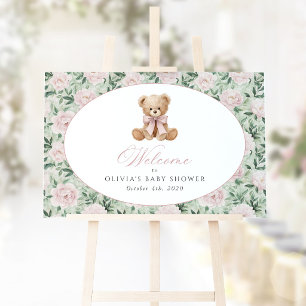 Póster Oso, Lazo Rosa, Flores Rosas, Bienvenida a Baby Sh