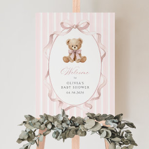 Póster Oso, Lazo Rosa, Rayas Rosas, Bienvenida al Baby Sh
