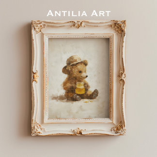 Póster Oso lindo con Ilustracion de jarra de miel de miel