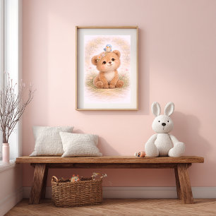 Póster Oso Lindo Con Pájaro Neutral Habitación Infantil