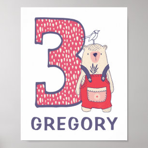 Póster Oso lindo de tercer cumpleaños con nombre poster