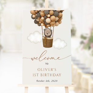 Póster Oso lindo, globos marrones, bienvenida de primer c