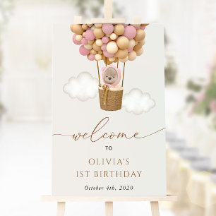 Póster Oso lindo, globos rosados, bienvenida de primer cu