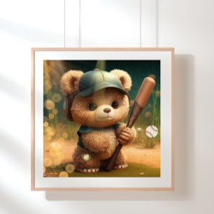 Póster Oso lindo jugando al béisbol personalizado