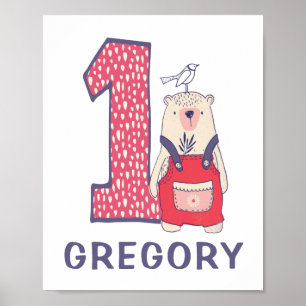 Póster Oso lindo primer cumpleaños con nombre