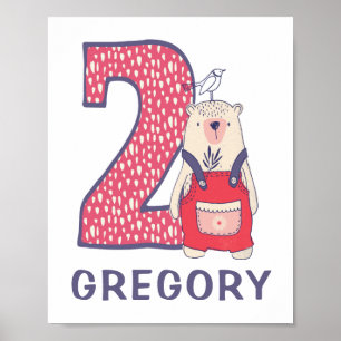 Póster Oso lindo segundo cumpleaños con nombre poster