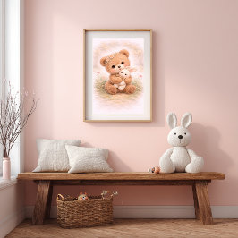 Póster Oso Lindo y Conejo Habitación Neutral para Niños