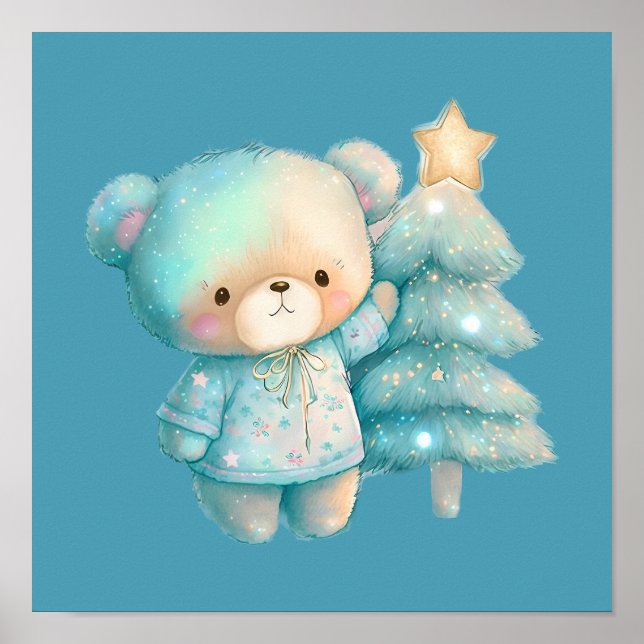 Póster Oso lindo y vacaciones de árbol de Navidad (Frente)