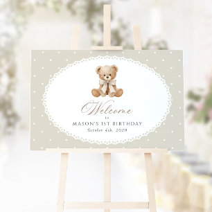 Póster Oso, Lunares Beige, Bienvenida al Primer Cumpleaño