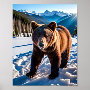 Póster Oso marrón en la nieve