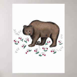 Póster Oso Marrón Y Ilustracion De Fresas Forestales