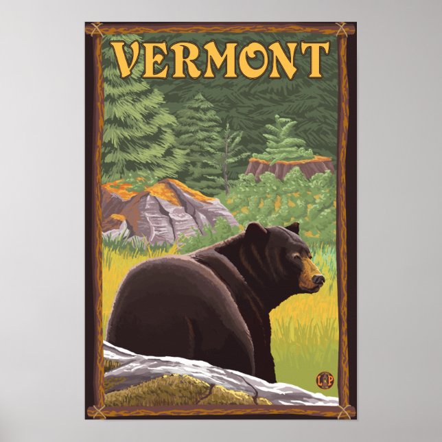 Póster Oso negro de Vermont en bosque (Frente)