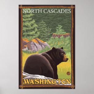 Póster Oso Negro en Bosque - Cascadas del Norte, Washingt