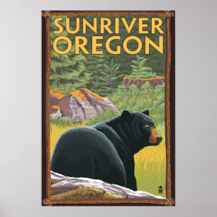 Póster Oso Negro en bosque - Río Sun, Oregón