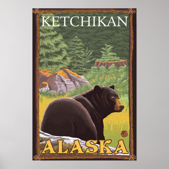 Póster Oso Negro en el bosque - Ketchikan, Alaska (Frente)