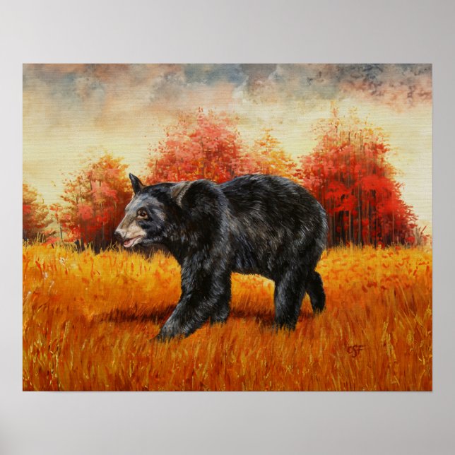 Póster Oso Negro en el bosque otoñal (Frente)