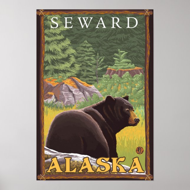 Póster Oso Negro en el bosque - Seward, Alaska (Frente)