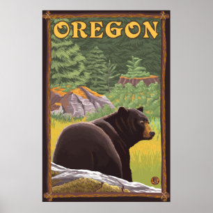 Póster Oso Negro en escena forestal - Oregón