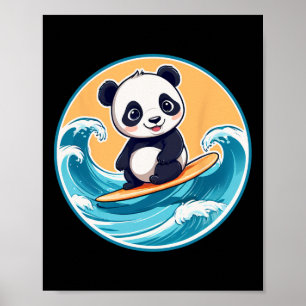 Póster Oso Panda Adorable Surfeando Una Ola Para Niños Y