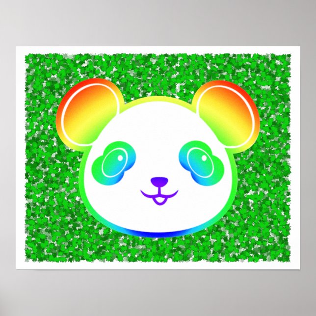 Póster Oso Panda de Arcoíris Lindo sobre Fondo de Follaje (Frente)