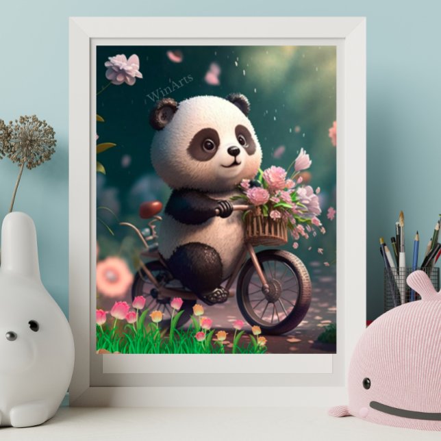 Póster Oso panda lindo montando una bicicleta con flores  (Subido por el creador)