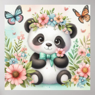 Póster Oso panda lindo y divertido entre flores acuarela