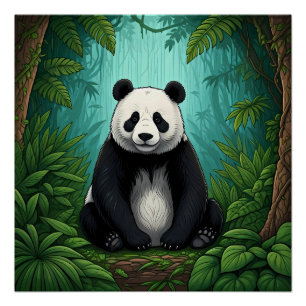 Póster Oso panda sentado en un claro de la selva