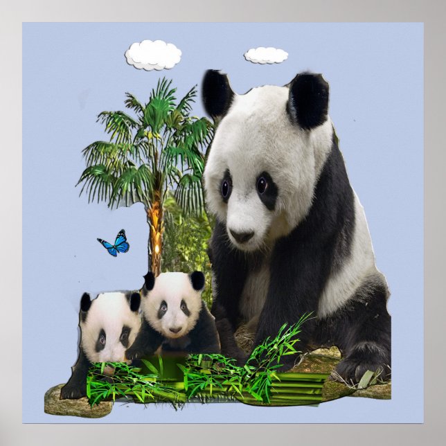 Póster Oso panda y crías (Frente)