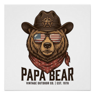 Póster Oso Papá Oso Vaquero Patriótico Diseño Vector Vint