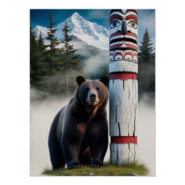 Póster Oso pardo con arte de vida salvaje de Totem Pole (Anverso)