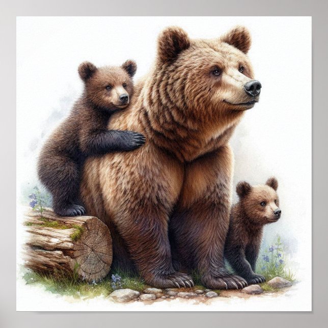 Póster Oso Pardo con Dos Crías Familia Silvestre  (Frente)